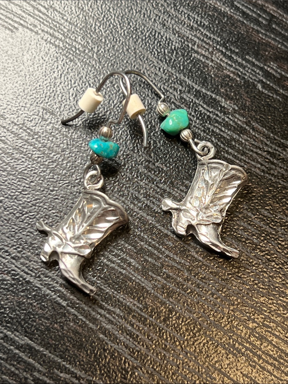 Vintage Southwestern Silver Turquoise Chip Cowboy Cowgirl Boot Dangle Earrings